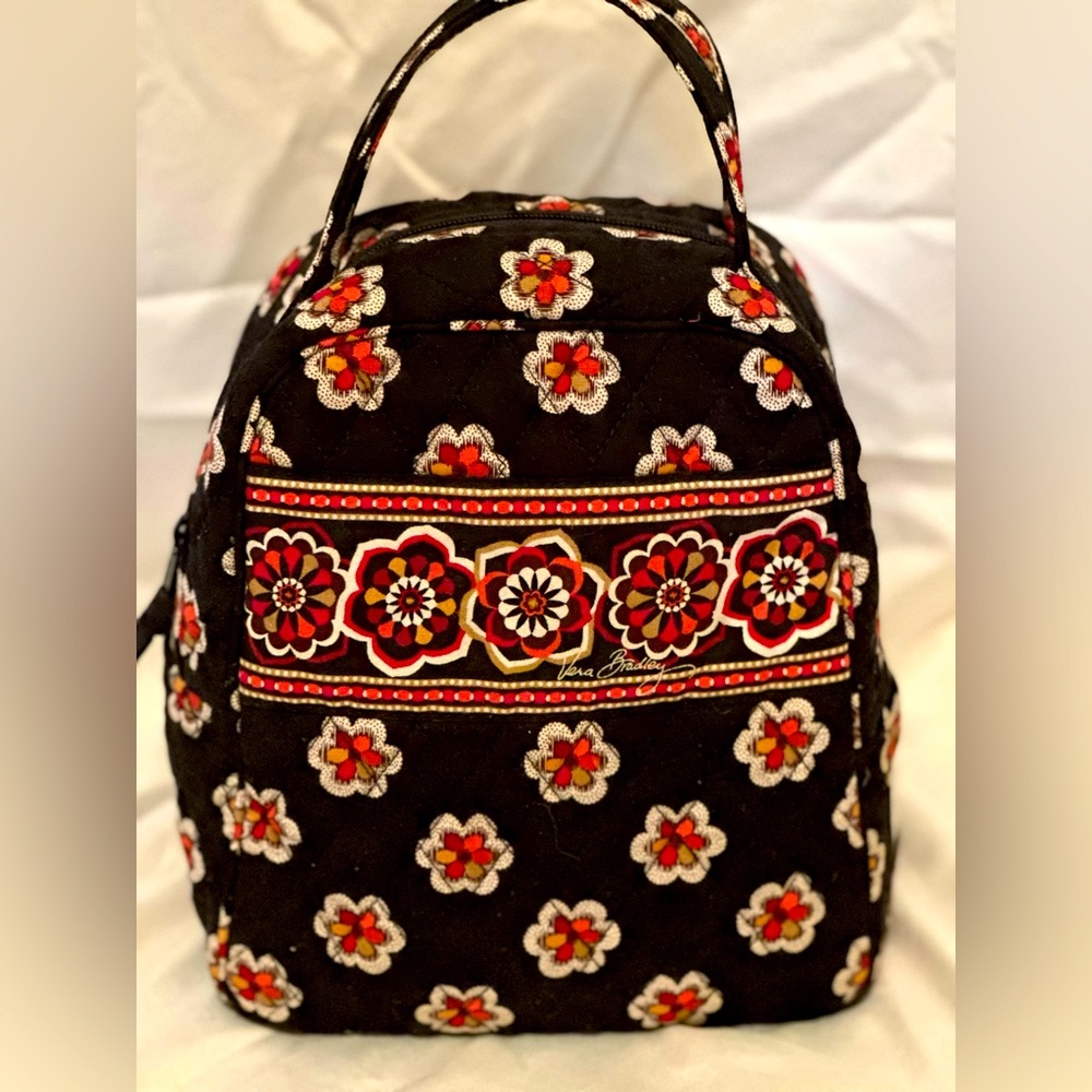 Lunch box, black and red flowers dimensions 10 X 7 X 5inches wide
